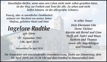 Traueranzeige von Ingelore Radtke von WVG - Wochenspiegel Quedlinburg