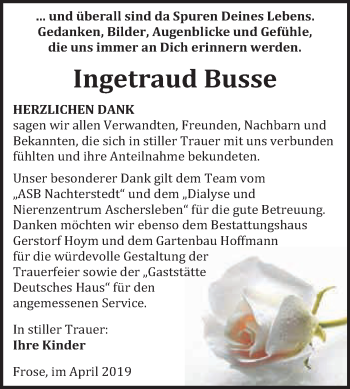 Traueranzeige von Ingetraud Busse von Super Sonntag Aschersleben