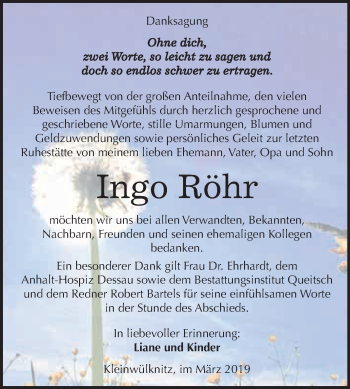 Traueranzeige von Ingo Röhr von WVG - Wochenspiegel Dessau / Köthen