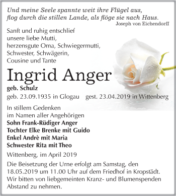 Traueranzeige von Ingrid Anger von Mitteldeutsche Zeitung