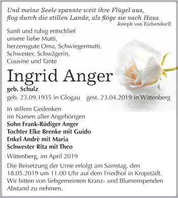 Traueranzeige von Ingrid Anger von WVG - Wochenspiegel Wittenberg