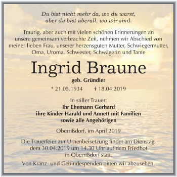 Traueranzeige von Ingrid Braune von Super Sonntag SGH Mansf. Land