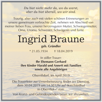 Traueranzeige von Ingrid Braune von Mitteldeutsche Zeitung Mansfelder Land