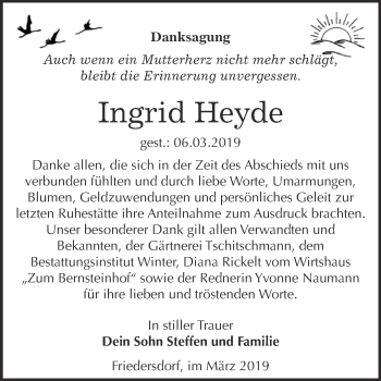 Traueranzeige von Ingrid Heyde von WVG - Wochenspiegel Bitterfeld