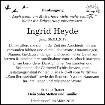Traueranzeige von Ingrid Heyde von Mitteldeutsche Zeitung Bitterfeld