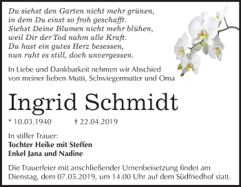 Traueranzeige von Ingrid Schmidt von Mitteldeutsche Zeitung