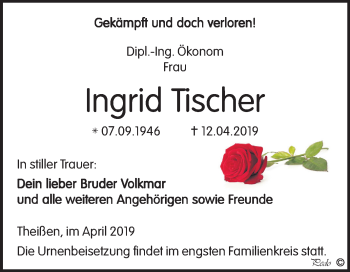 Traueranzeige von Ingrid Tischer von Mitteldeutsche Zeitung