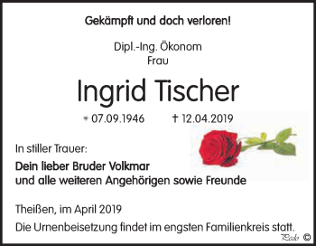 Traueranzeige von Ingrid Tischer von WVG - Wochenspiegel NMB / WSF / ZTZ