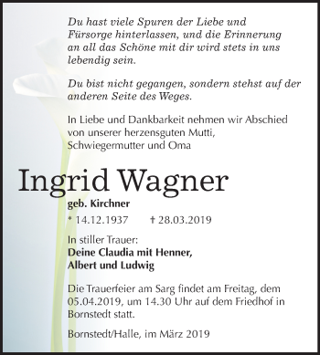 Traueranzeige von Ingrid Wagner von Mitteldeutsche Zeitung Mansfelder Land