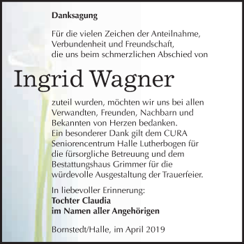 Traueranzeige von Ingrid Wagner von Wochenspiegel Mansfelder Land