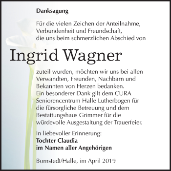 Traueranzeige von Ingrid Wagner von Mitteldeutsche Zeitung Mansfelder Land
