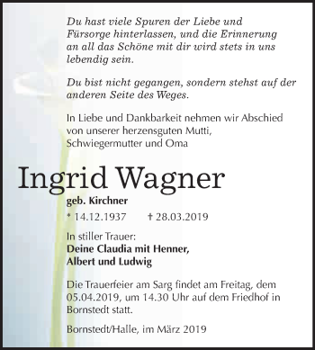 Traueranzeige von Ingrid Wagner von Wochenspiegel Mansfelder Land