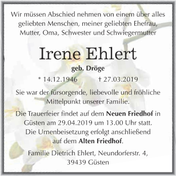 Traueranzeige von Irene Ehlert von Super Sonntag Bernburg