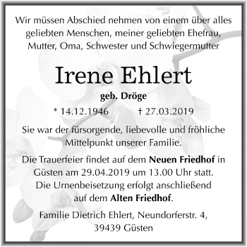Traueranzeige von Irene Ehlert von Mitteldeutsche Zeitung Bernburg