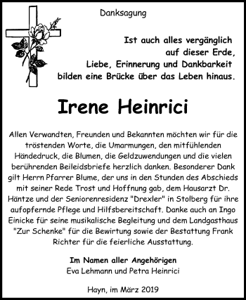 Traueranzeige von Irene Heinrici von Mitteldeutsche Zeitung Sangerhausen