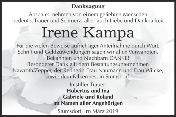 Traueranzeige von Irene Kampa von WVG - Wochenspiegel Bitterfeld