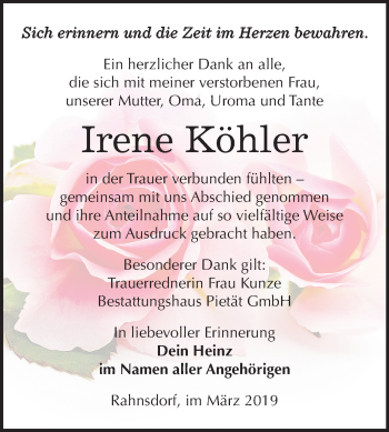 Traueranzeige von Irene Köhler von Mitteldeutsche Zeitung Wittenberg
