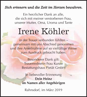 Traueranzeige von Irene Köhler von WVG - Wochenspiegel Wittenberg