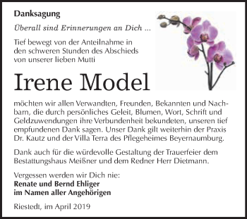 Traueranzeige von Irene Model von Super Sonntag SGH Mansf. Land
