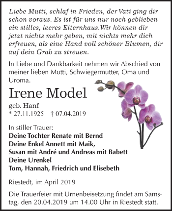 Traueranzeige von Irene Model von Mitteldeutsche Zeitung Sangerhausen