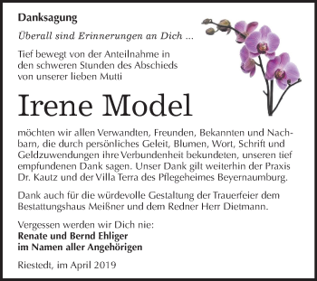 Traueranzeige von Irene Model von Mitteldeutsche Zeitung