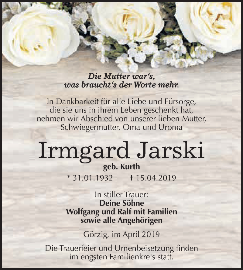  Traueranzeige für Irmgard Jarski vom 20.04.2019 aus WVG - Wochenspiegel Dessau / Köthen