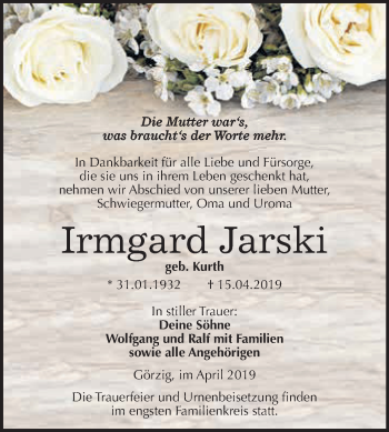 Traueranzeige von Irmgard Jarski von WVG - Wochenspiegel Dessau / Köthen