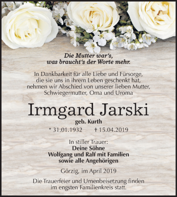 Traueranzeige von Irmgard Jarski von Mitteldeutsche Zeitung Köthen