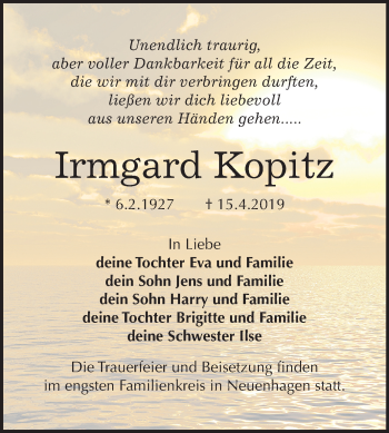 Traueranzeige von Irmgard Kopitz von Mitteldeutsche Zeitung