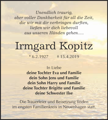 Traueranzeige von Irmgard Kopitz von Super Sonntag Aschersleben