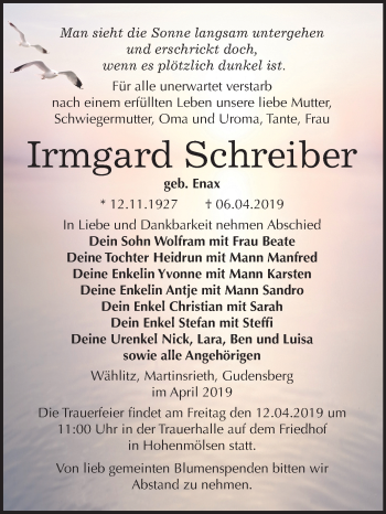 Traueranzeige von Irmgard Schreiber von Mitteldeutsche Zeitung Weißenfels