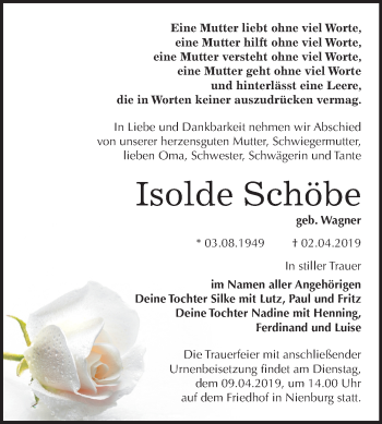 Traueranzeige von Isolde Schöbe von Mitteldeutsche Zeitung Bernburg
