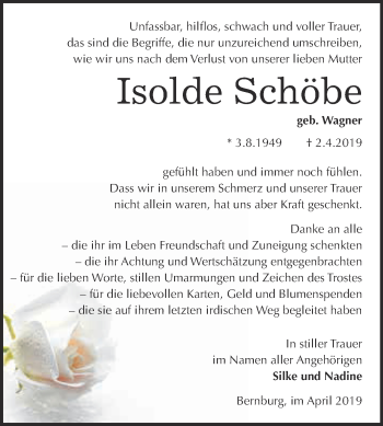 Traueranzeige von Isolde Schöbe von Super Sonntag Bernburg