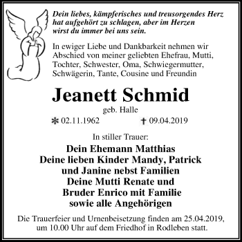 Traueranzeige von Jeanett Schmid von WVG - Wochenspiegel Dessau / Köthen