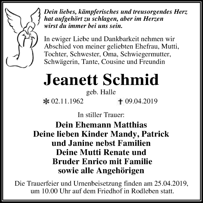  Traueranzeige für Jeanett Schmid vom 08.04.2019 aus WVG - Wochenspiegel Dessau / Köthen