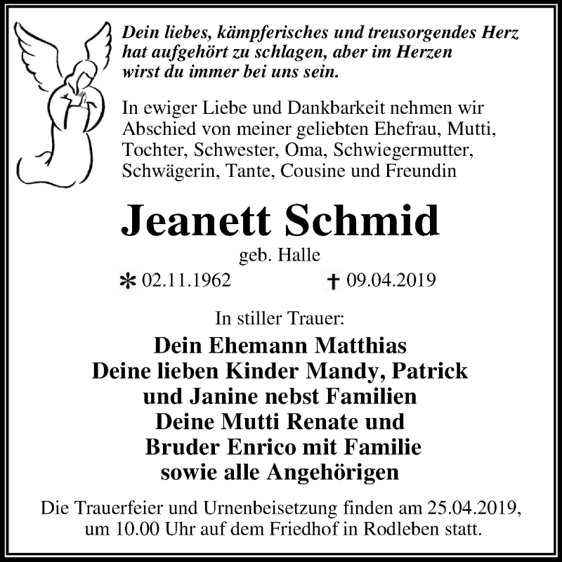  Traueranzeige für Jeanett Schmid vom 13.04.2019 aus Mitteldeutsche Zeitung Dessau-Roßlau