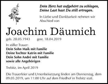 Traueranzeige von Joachim Däumich von WVG - Wochenspiegel Wittenberg