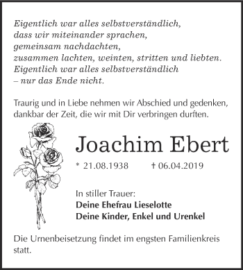 Traueranzeige von Joachim Ebert von WVG - Wochenspiegel Bitterfeld