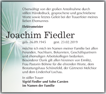 Traueranzeige von Joachim Fiedler von Mitteldeutsche Zeitung Merseburg/Querfurt
