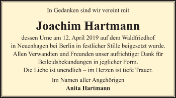 Traueranzeige von Joachim Hartmann von Mitteldeutsche Zeitung