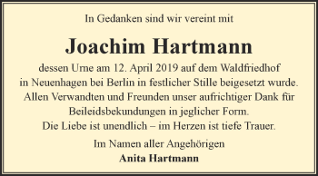 Traueranzeige von Joachim Hartmann von Super Sonntag Merseburg