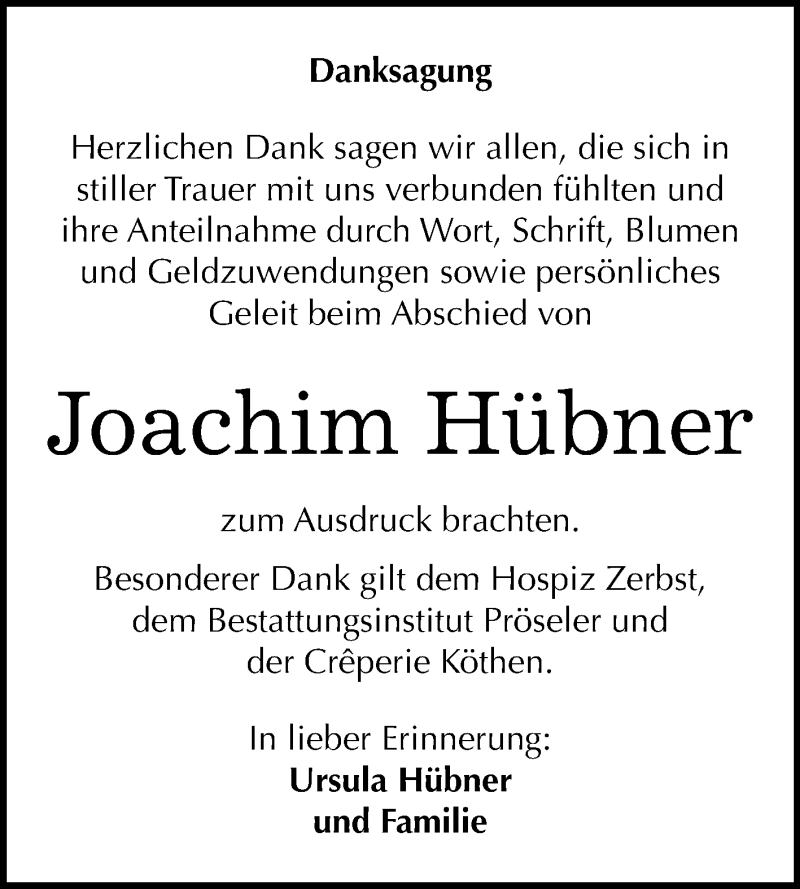 Traueranzeigen von Joachim Hübner www.abschiednehmen.de