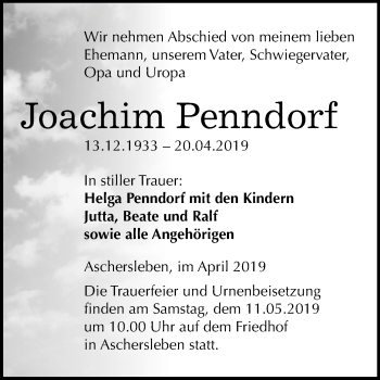 Traueranzeige von Joachim Penndorf von Mitteldeutsche Zeitung Aschersleben
