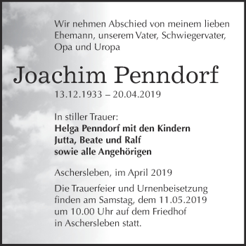 Traueranzeige von Joachim Penndorf von Super Sonntag Aschersleben