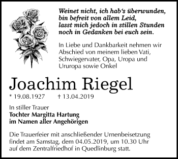 Traueranzeige von Joachim Riegel von Mitteldeutsche Zeitung Quedlinburg