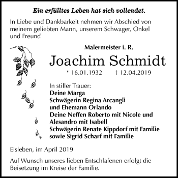 Traueranzeige von Joachim Schmidt von Mitteldeutsche Zeitung Mansfelder Land
