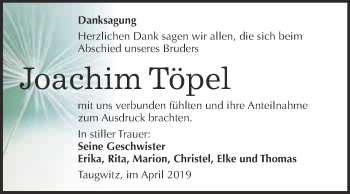 Traueranzeige von Joachim Töpel von WVG - Wochenspiegel NMB / WSF / ZTZ