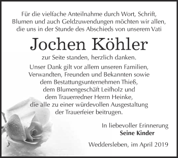 Traueranzeige von Jochen Köhler von Super Sonntag Quedlinburg