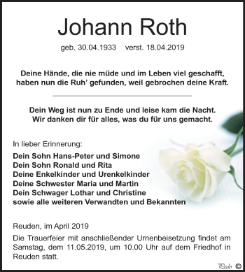 Traueranzeige von Johann Roth von Mitteldeutsche Zeitung