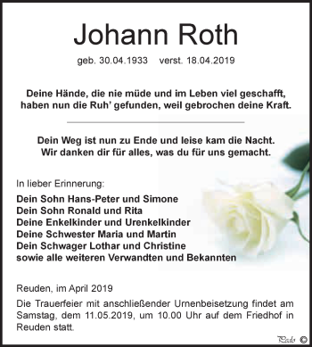 Traueranzeige von Johann Roth von WVG - Wochenspiegel NMB / WSF / ZTZ